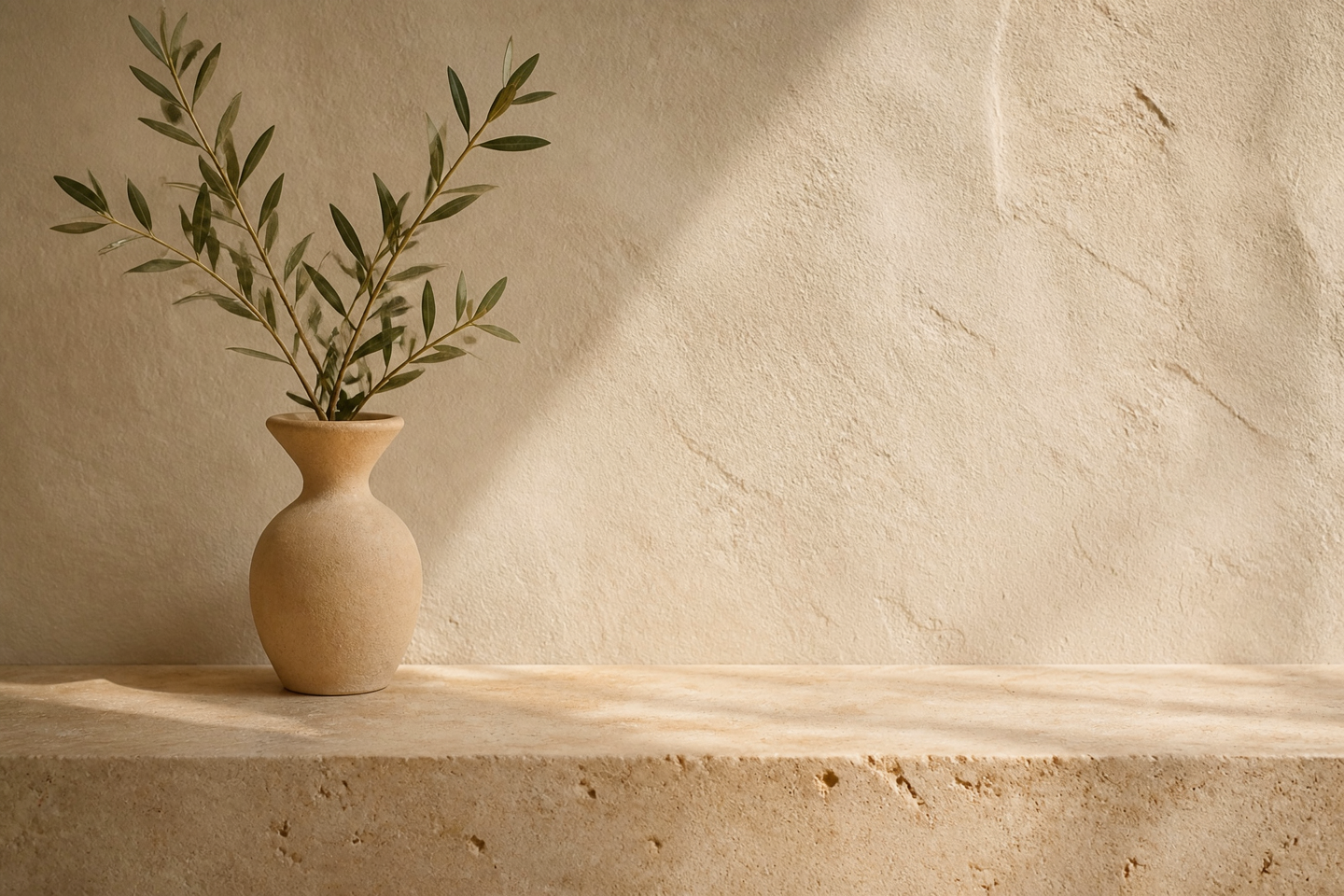 Object remover result: a beige vase and olive branch on a clear stone ledge after the orange cup was removed.